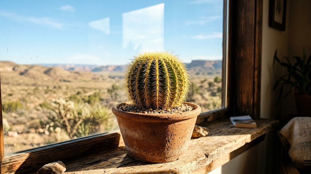 A healthy New Mexico cactus in a terracotta pot sitting on a sunny windowsill, demonstrating ideal bright indoor light conditions.
