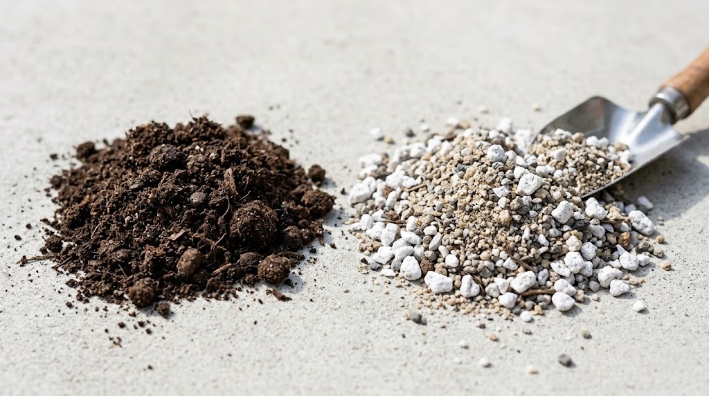 A visual comparison between dark, moisture-retaining potting soil and coarse, well-draining gritty aggregate mix required for New Mexico cactus.