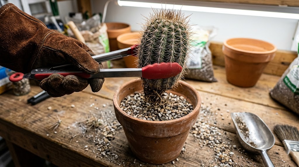 A person using thick leather gloves and tongs to safely handle a spiny New Mexico cactus during the repotting process.