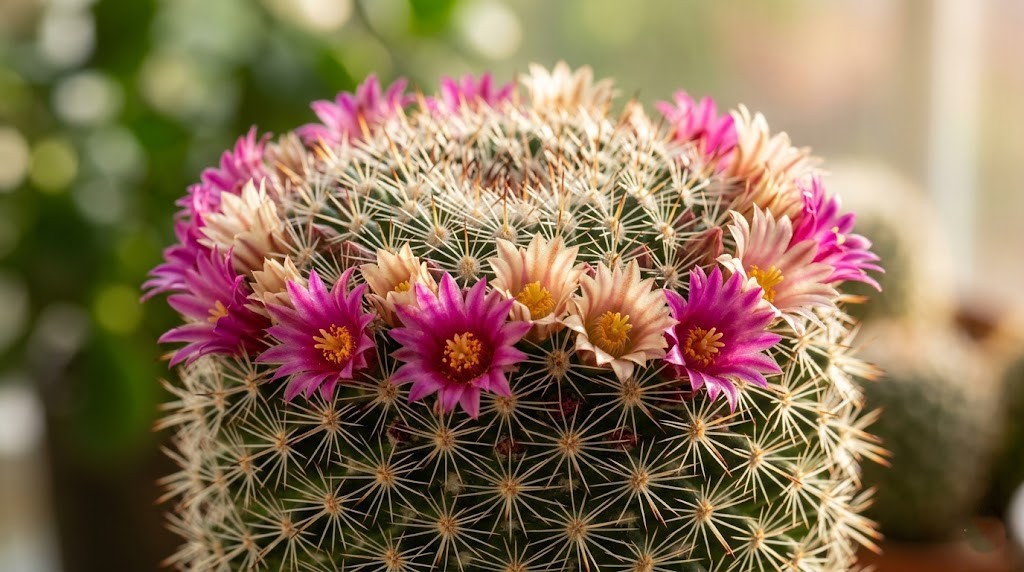 A macro close-up of a small indoor pincushion cactus covered in a stunning crown of magenta and white flowers, achieving a successful indoor bloom.