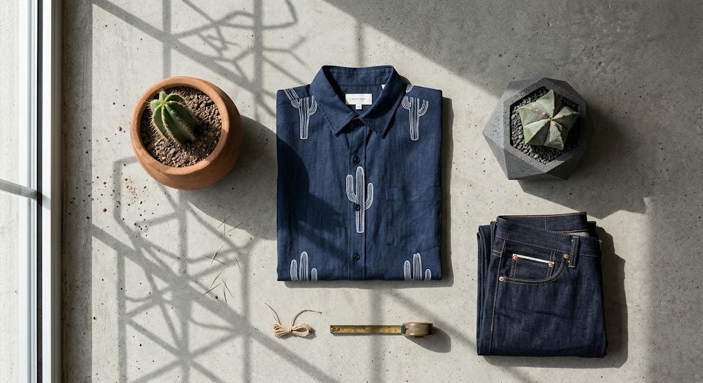 Men's cactus shirt aesthetic flat lay with structural desert houseplants on raw concrete.