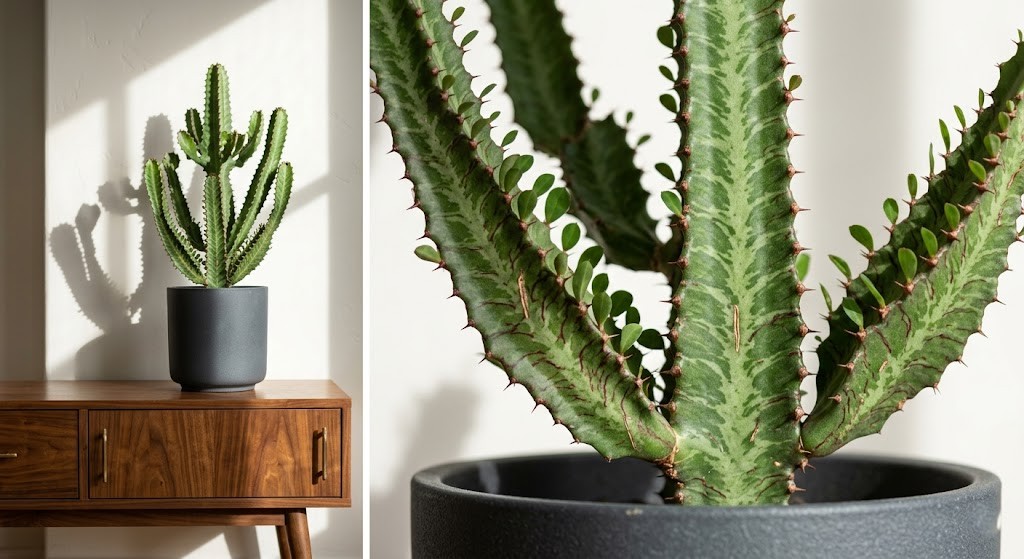 Detailed close-up of structural African Milk Tree (Euphorbia trigona) ridges.