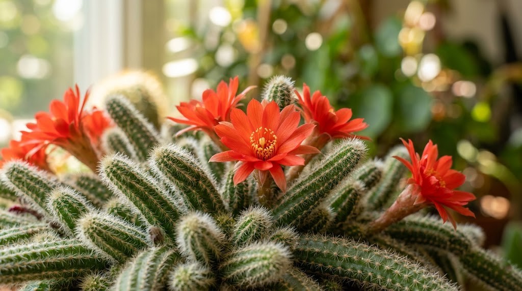 Close-up texture shot of a trailing Peanut Cactus in vibrant red bloom indoors.