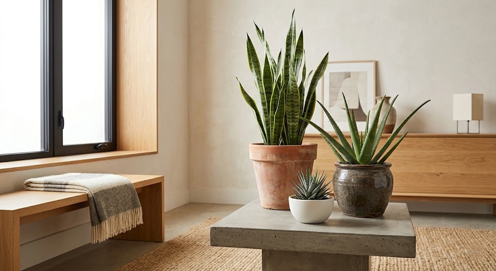 A correctly styled cluster of three desert houseplants (Snake Plant, Aloe Vera, Zebra Haworthia) in varied textured pots.