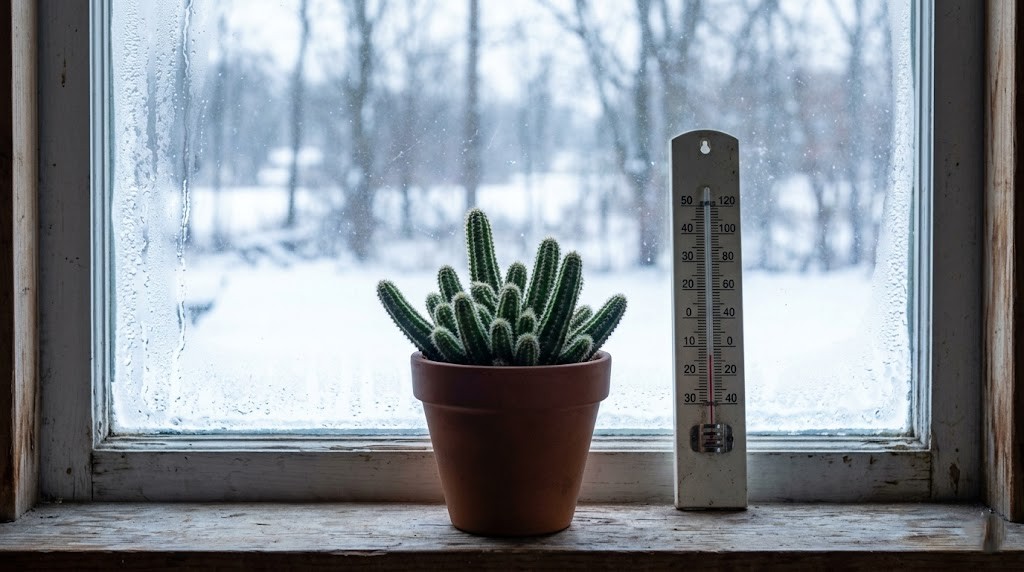 A Peanut Cactus on a frosty windowsill next to a thermometer reading 45 degrees Fahrenheit for winter dormancy.