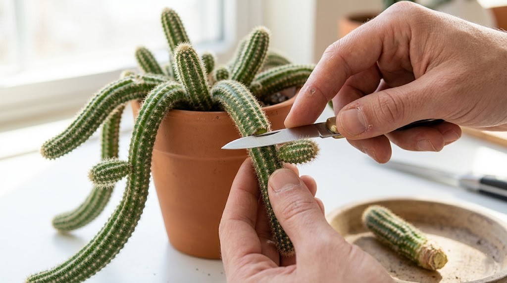 Close-up of a hand separating a small offset 'pup' from a mature Peanut Cactus stem for propagation.
