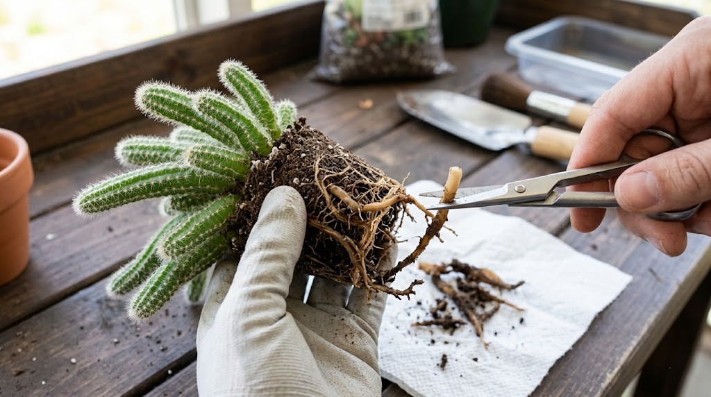 A detailed close-up showing root rot removal from a Peanut Cactus with sterile shears.