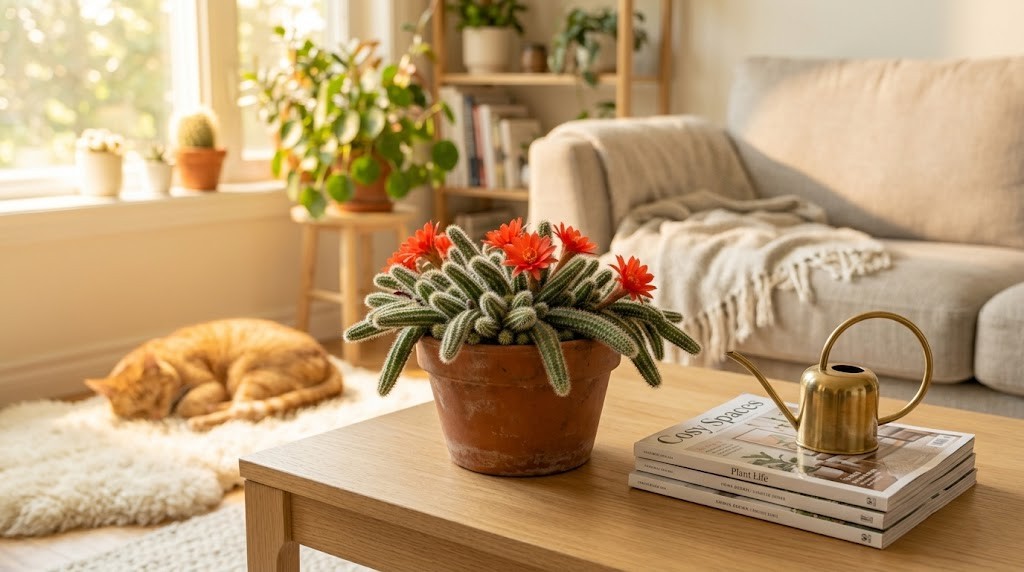 A lifestyle photo of a fully blooming Peanut Cactus as a pet-safe central decor piece in a modern living room.
