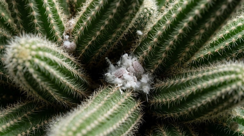 A close-up of mealybugs, resembling white cotton fluff, hiding on a Peanut Cactus stem.
