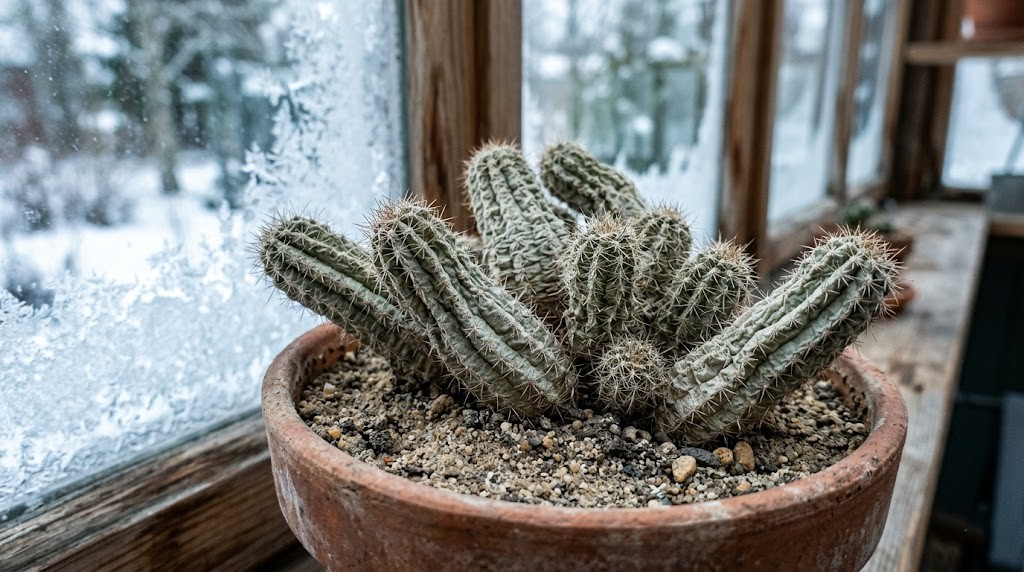 A close-up view of a shriveled Peanut Cactus plant experiencing cool winter dormancy to trigger blooms.