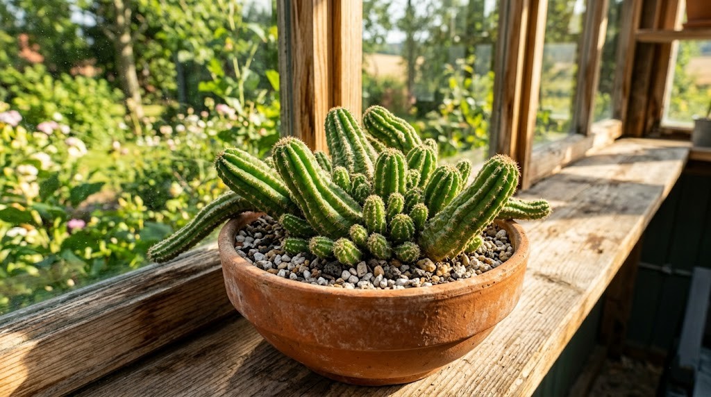 A healthy Peanut Cactus plant thrives in direct sunlight and gritty soil next to a bright window.