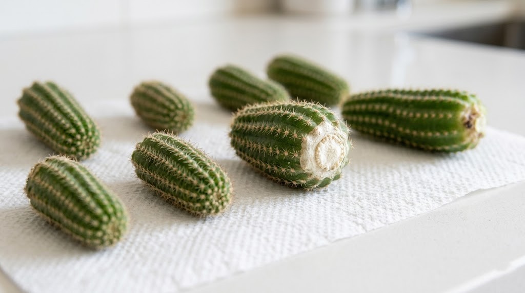 A macro photo of Peanut Cactus offsets callousing on a paper towel, ready for planting.