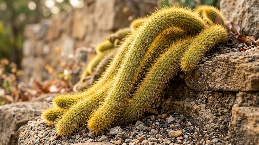 Close-up of vibrant golden-yellow spines covering the healthy trailing stems of an indoor Cleistocactus winteri plant.