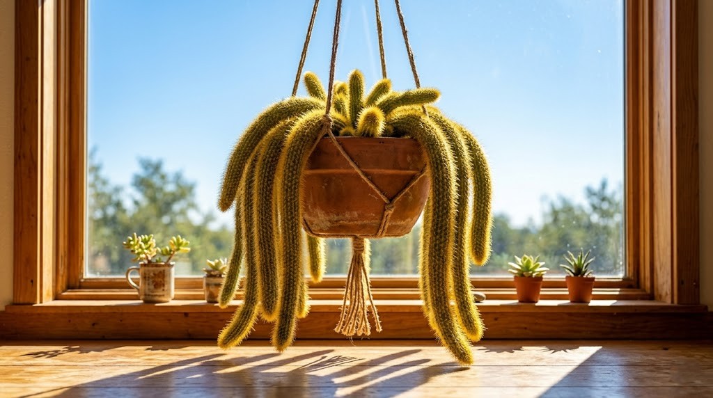 Large Golden Rat Tail Cactus thriving in a hanging basket directly in a sun-drenched South-facing window.
