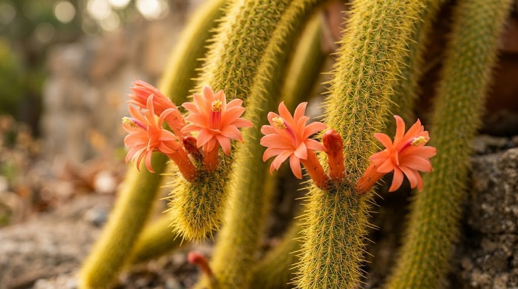 Vibrant salmon-orange flowers blooming profusely along the golden-spined stems of an indoor Cleistocactus winteri cactus.