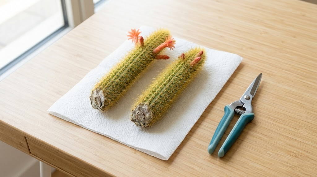Callused Golden Rat Tail Cactus stem cuttings drying on a paper towel, ready for planting to propagate a new cactus.