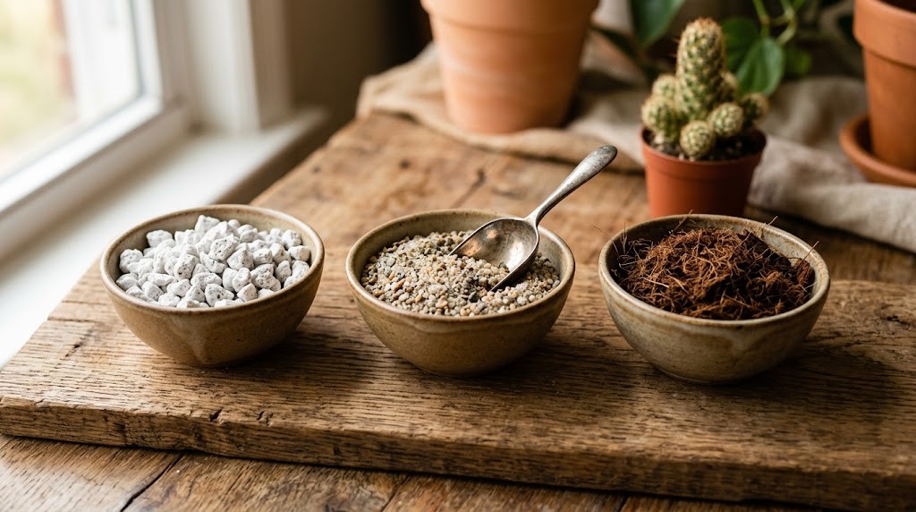 A selection of raw components for a lady finger cactus soil mix, including porous pumice, coarse horticultural sand, and screened organic matter.