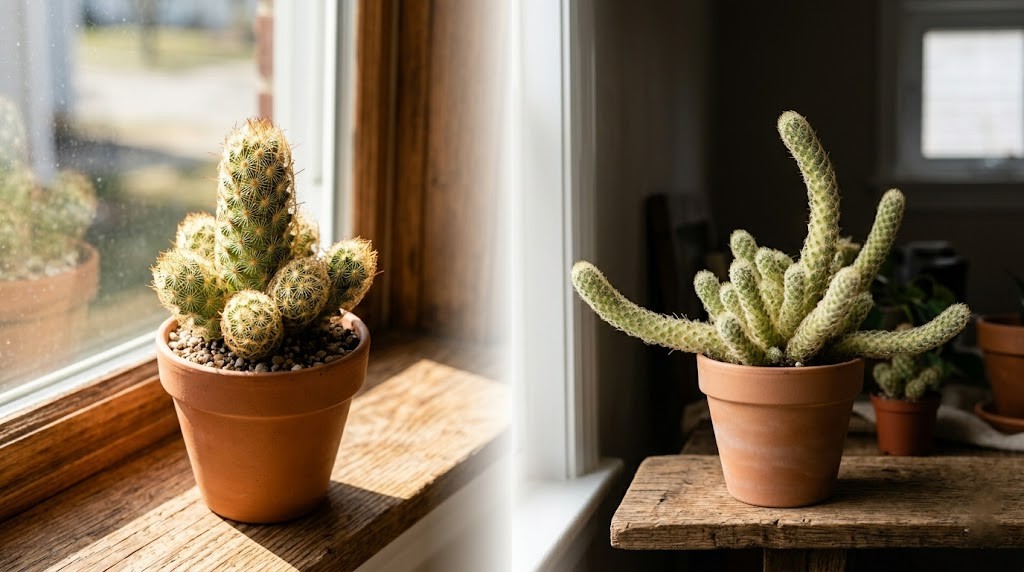 A visual comparison of two lady finger cacti: one healthy and compact in bright sunlight, and one pale, stretched, and etiolated due to light starvation.