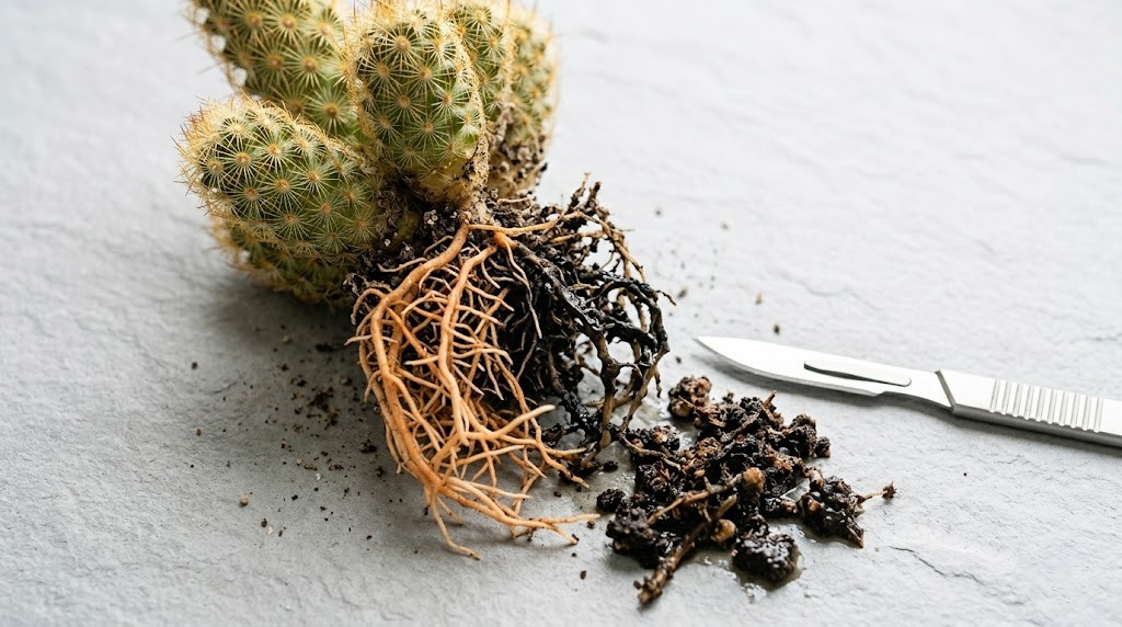 A close-up view of a lady finger cactus during root rot triage, showing exposed healthy roots contrasted with black, slimy, decayed roots and a sterile scalpel.
