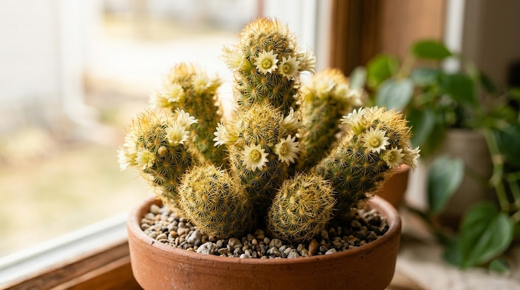 A mature lady finger cactus cluster in full bloom, featuring rings of delicate pale-yellow flowers and vibrant golden spines in soft daylight.