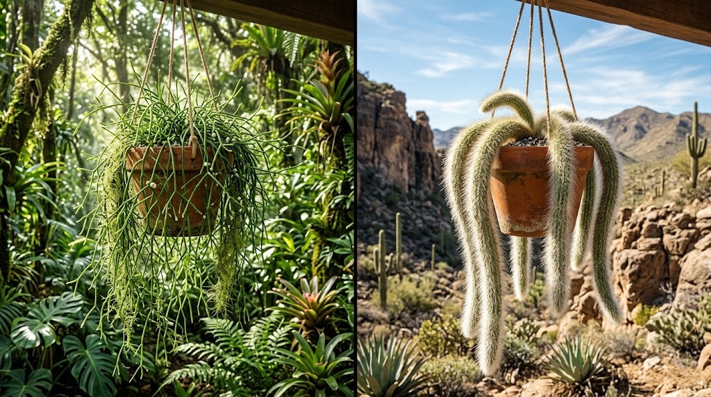 A side-by-side comparison of a lush jungle epiphyte cactus and a fuzzy desert trailing cactus.