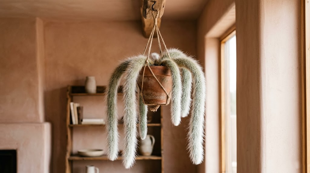 A stunning mature Monkey's Tail hanging cactus with long, furry white trailing stems.