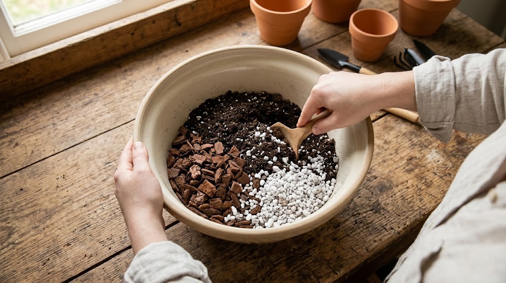 Hands mixing an ideal soil substrate for epiphytic hanging cacti, showing distinct ingredients.