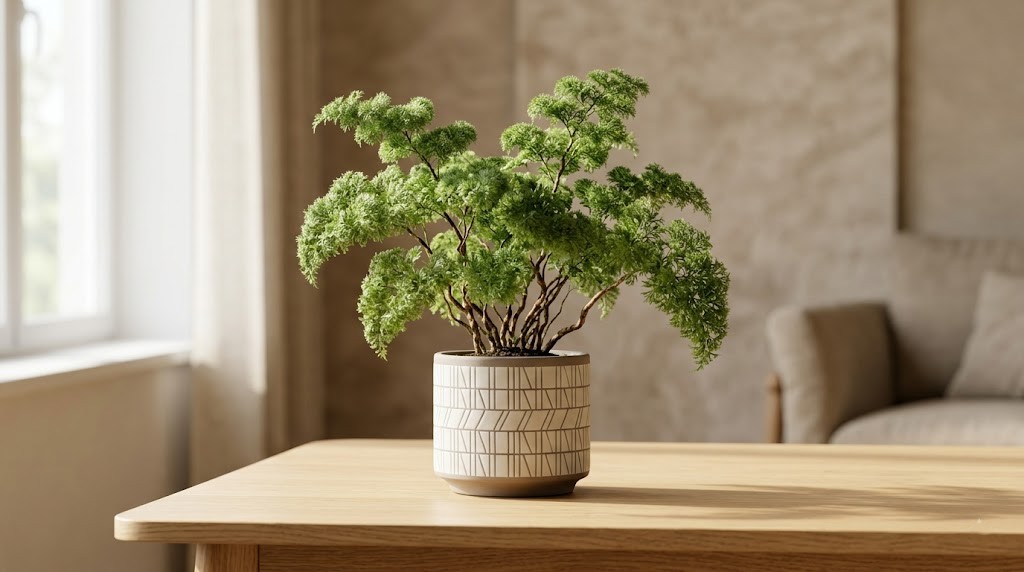 A potted Ming Fern plant displaying lush green foliage on a wooden table in a brightly lit room.