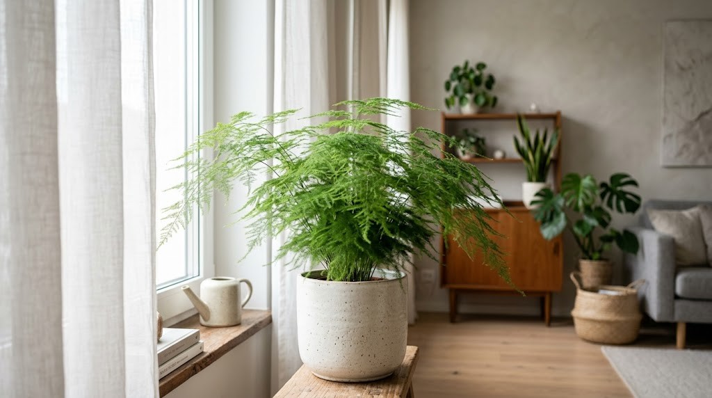 Ming Fern placed near a bright window receiving indirect sunlight for optimal growth.
