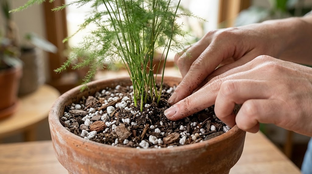 Checking the moisture level of well-draining soil for a Ming Fern in a terracotta pot.