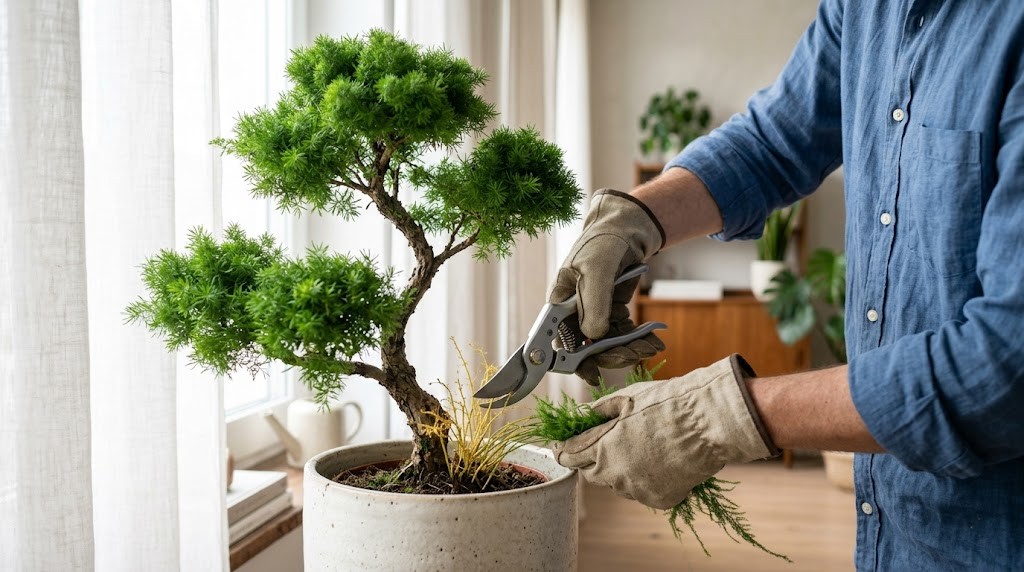 Pruning dead stems from a Ming Fern to maintain its sculpted bonsai shape.