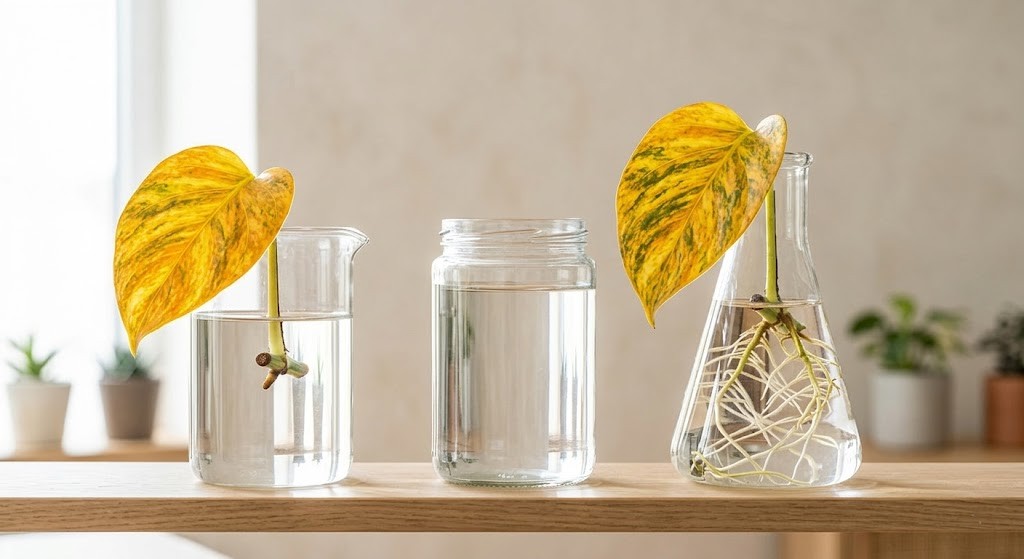 Propagating Fernando's Fire Pothos cuttings in water showing root development.