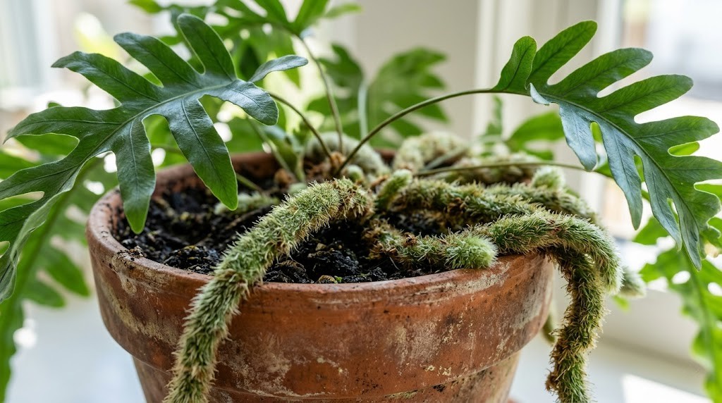Close-up of fuzzy green kangaroo paw fern rhizomes creeping over the edge of a terracotta pot.