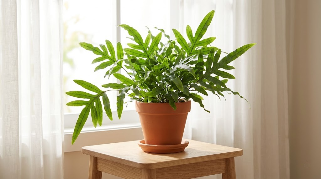 Healthy kangaroo paw fern sitting on a wooden table in bright indirect sunlight near a window.