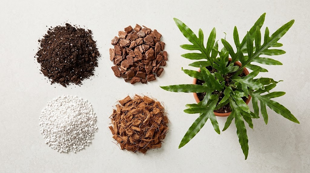 Chunky epiphytic soil mix showing orchid bark, perlite, peat moss, and potting soil for kangaroo paw fern.