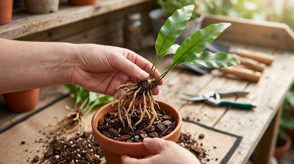 Hands potting a newly divided kangaroo paw fern rhizome with fresh soil in a small pot.