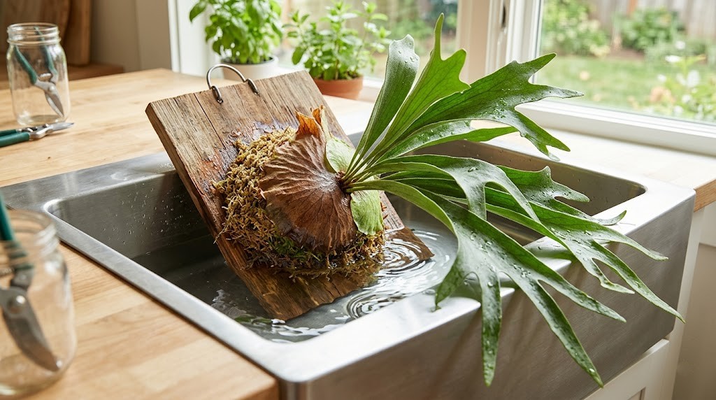 Submerging a mounted staghorn fern base in water using the dunk-and-drain method.