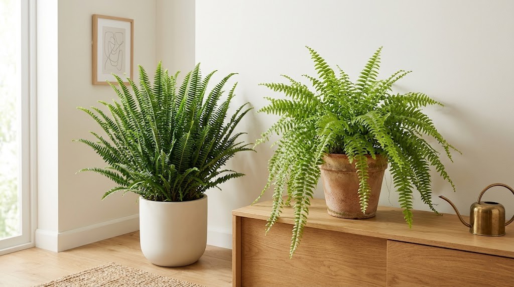 Side-by-side comparison of an upright Kimberly Queen fern and a weeping Boston fern in indoor pots