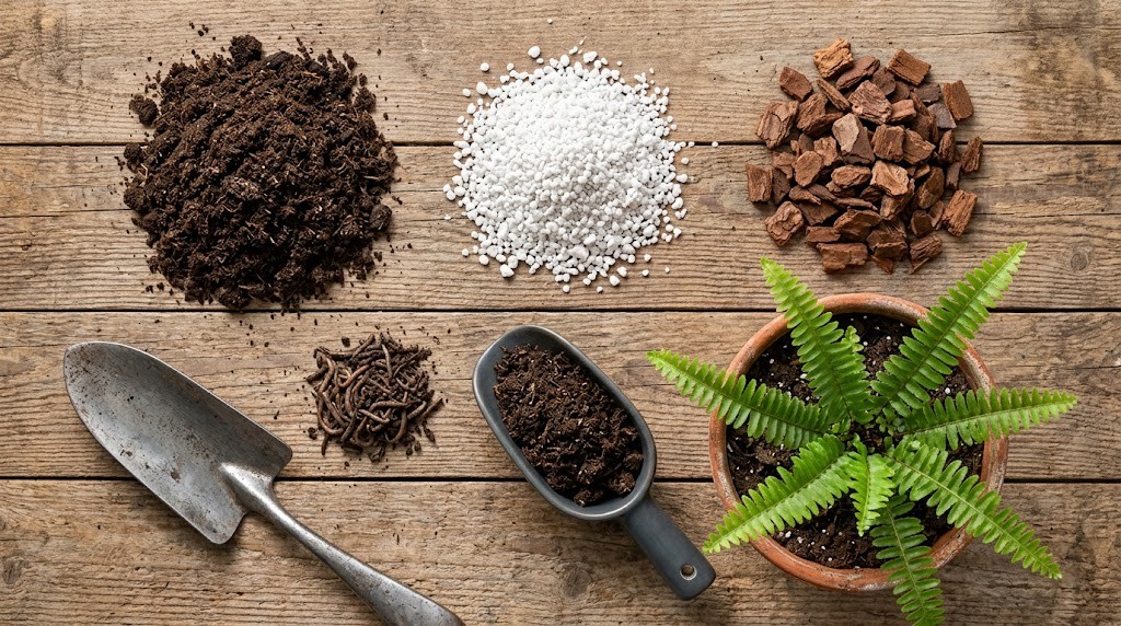 High-performance aerated potting mix components for Kimberly Queen ferns including peat moss, perlite, and orchid bark