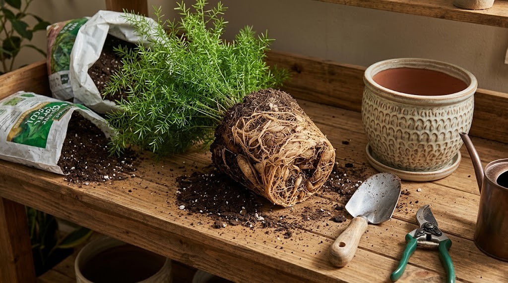 Unpotted Ming Fern showing its tuberous root system ready for repotting or division.